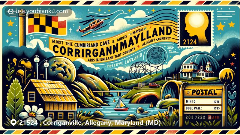 Modern illustration of Corriganville, Maryland, featuring Cumberland Bone Cave, Wills Mountain State Park, Maryland state flag, and Allegany County geography.