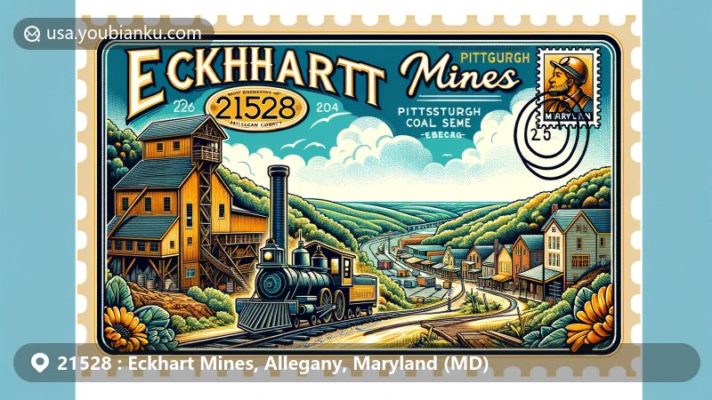Modern illustration of Eckhart Mines, Allegany County, Maryland, highlighting coal mining heritage with imagery of Pittsburgh coal seam 'the big vein', historic mining equipment, and natural beauty surrounding Federal Hill.