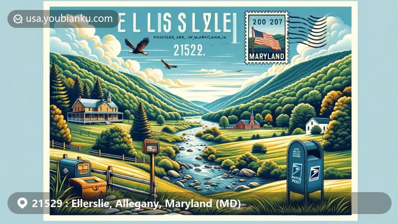 Modern illustration of ZIP code 21529, Ellerslie, Maryland, highlighting natural beauty and postal heritage, featuring picturesque Wills Creek valley, Little Allegheny Mountain, and vintage postcard design with Maryland state flag.