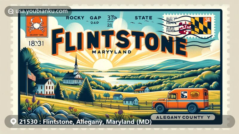 Modern illustration of Flintstone, Maryland, featuring rural charm and natural beauty, incorporating Allegany County and Maryland elements, highlighting Rocky Gap State Park, and serene environment of Flintstone, with postal themes like Maryland symbols and ZIP code 21530.
