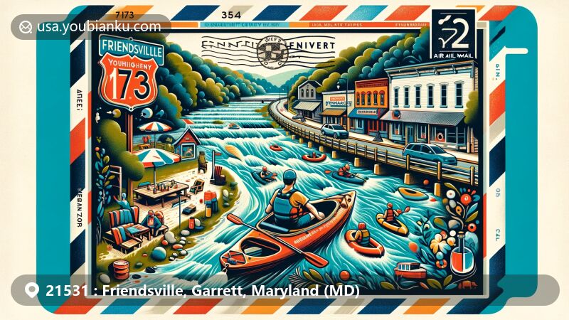 Modern illustration of Friendsville, Maryland, showcasing postal theme with ZIP code 21531, featuring Youghiogheny River and symbols of local history and outdoor lifestyle.