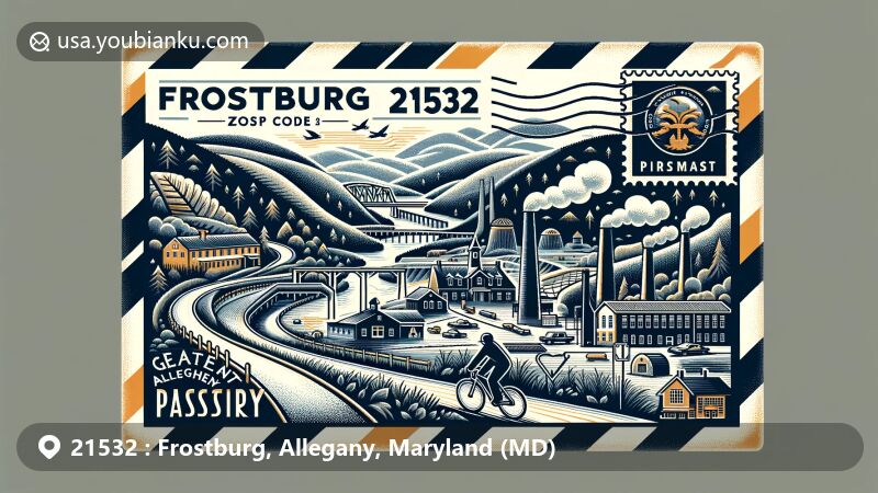 Modern illustration of Frostburg, Allegany, Maryland, showcasing airmail theme with ZIP code 21532, featuring Great Allegheny Passage, coal mines, and Frostburg State University.