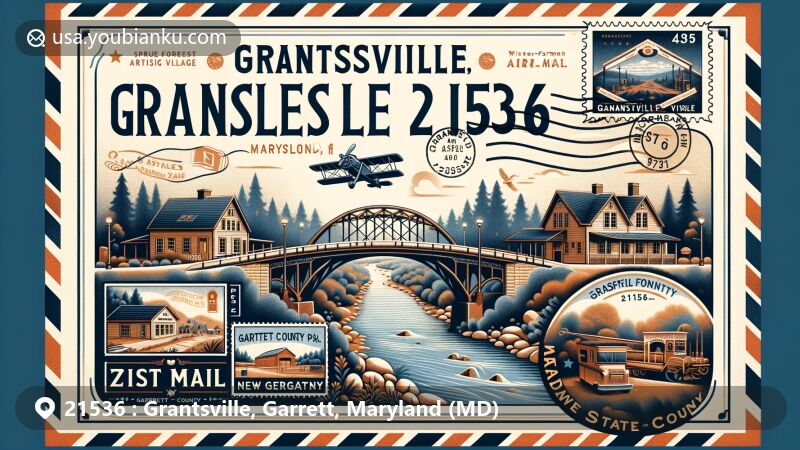 Modern illustration of Grantsville, Garrett County, Maryland, depicting postal theme with ZIP code 21536, featuring Casselman River Bridge, Spruce Forest Artisan Village, and New Germany State Park.