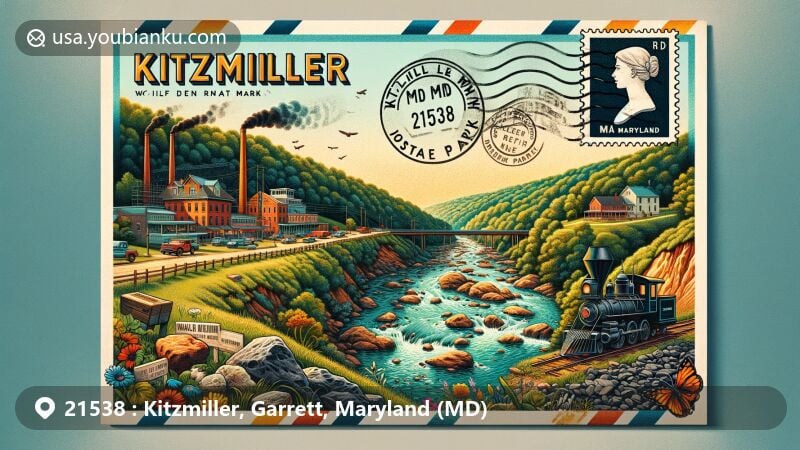 Modern illustration of Wolf Den Run State Park in Kitzmiller, Maryland, highlighting coal mining heritage and natural beauty, merging regional and postal elements with airmail envelope design and ZIP code 21538.