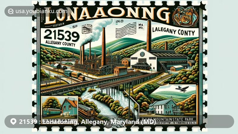 Modern illustration of Lonaconing, Allegany County, Maryland, showcasing postal theme with ZIP code 21539, featuring Lonaconing Iron Furnace, Dans Mountain State Park, and labeling Lonaconing as the most Scottish town in the U.S.