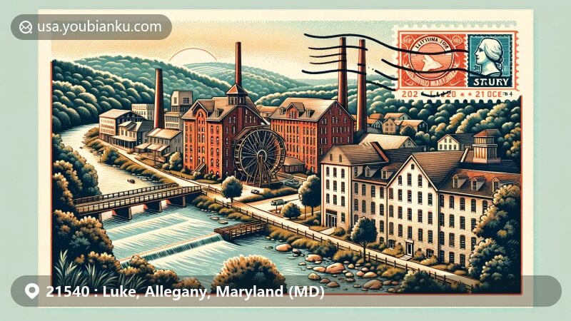 Vintage-style illustration of Luke, Allegany County, Maryland, featuring historical paper mill, Potomac River, and local bridge, with ZIP code 21540, stamp, postmark, and scenic backdrop of Potomac River and Western Maryland forest.
