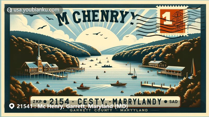 Modern illustration of McHenry, Garrett County, Maryland, featuring ZIP code 21541, highlighting Deep Creek Lake and Wisp Ski Resort.