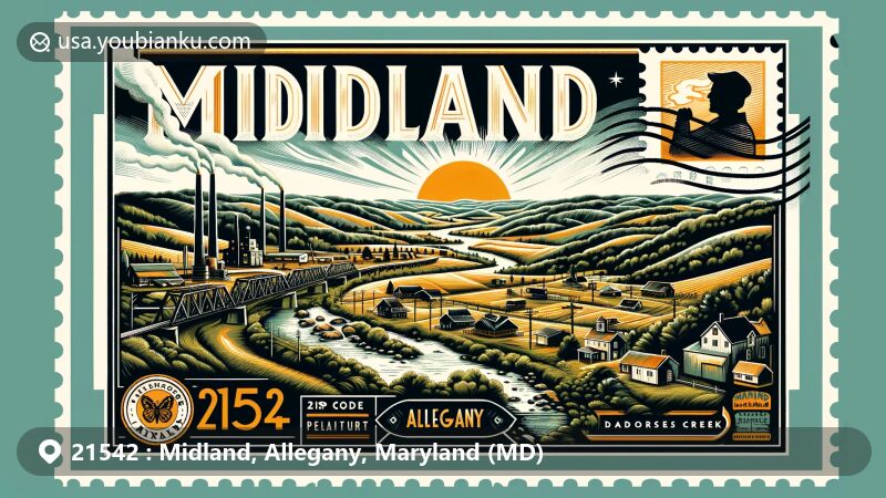 Modern illustration of Midland, Allegany County, Maryland, highlighting ZIP code 21542, Georges Creek Valley, coal mining heritage, Dan's Rock, and vintage postal elements.