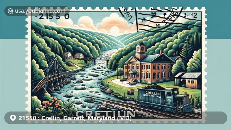 Modern illustration of Crellin, Garrett County, Maryland, showcasing Crellin Elementary School and Youghiogheny River landscape, with subtle coal mining references and postal elements like stamp and postmark with ZIP code 21550.