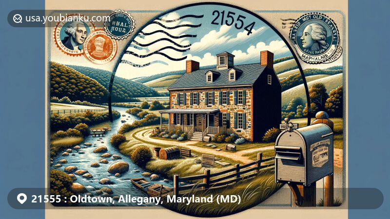 Modern illustration of the Michael Cresap House in Oldtown, Maryland, showcasing postal theme with ZIP code 21555, vintage stamp, mailbox, and postmark. Set against scenic Allegany County backdrop.