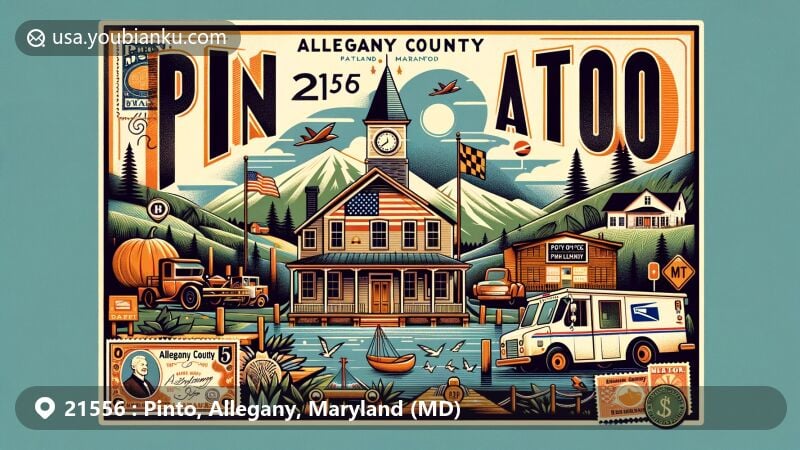 Modern illustration of Pinto, Allegany County, Maryland, integrating Appalachian Mountains, vintage post office, stamps, postal truck, Allegany County Bank note, ZIP code 21556, and Maryland state flag.