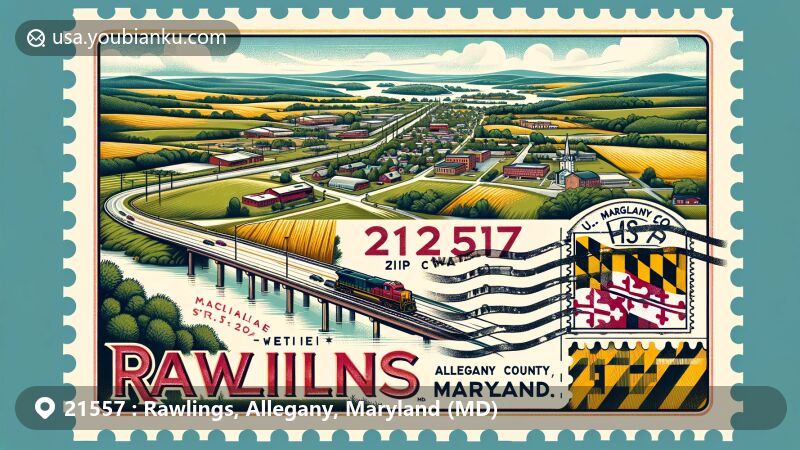 Modern illustration of Rawlings, Allegany County, Maryland, showcasing postal theme with ZIP code 21557, emphasizing location along McMullen Highway (U.S. Route 220) and unincorporated community status within Allegany County.