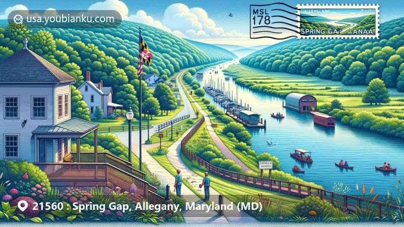 Modern illustration of Spring Gap, Allegany County, Maryland, showcasing picturesque view of Potomac River and Spring Gap recreational area along Chesapeake and Ohio Canal (C&O Canal) at mile marker 173, featuring Spring Gap Post Office with ZIP code 21560 and iconic C&O Canal towpath surrounded by lush greenery.