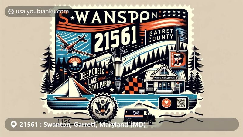 Modern illustration of Swanton, Garrett County, Maryland, featuring Deep Creek Lake State Park and Wisp Ski Resort, with Maryland and Garrett County symbols, showcasing postal theme with ZIP code 21561.