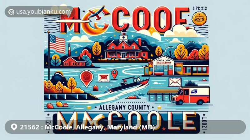 Modern illustration of McCoole, Allegany County, Maryland, showcasing ZIP code 21562, including North Branch Potomac River, Chat & Chew Restaurant, Maryland state flag, airmail envelope, stamps, and postal truck.