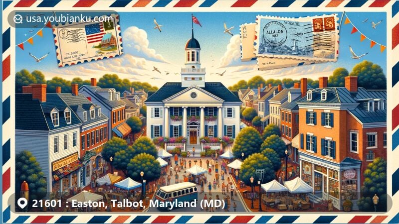 Modern illustration of Easton, Talbot County, Maryland, capturing colonial heritage and cultural vitality, featuring Avalon Theatre as arts hub, colonial architecture, art galleries, Friends Meeting House, festival atmosphere with artists, musicians, Plein Air Easton, Waterfowl Festival, Maryland state flag, Talbot County outline, and postal theme with ZIP code 21601.