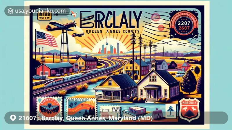 Modern illustration of Barclay, Queen Annes County, Maryland, with a creative postal theme, Maryland state symbols, historical references, and small-town charm. Highlights include pastoral landscapes, a small railroad depot, and nods to nearby major cities.