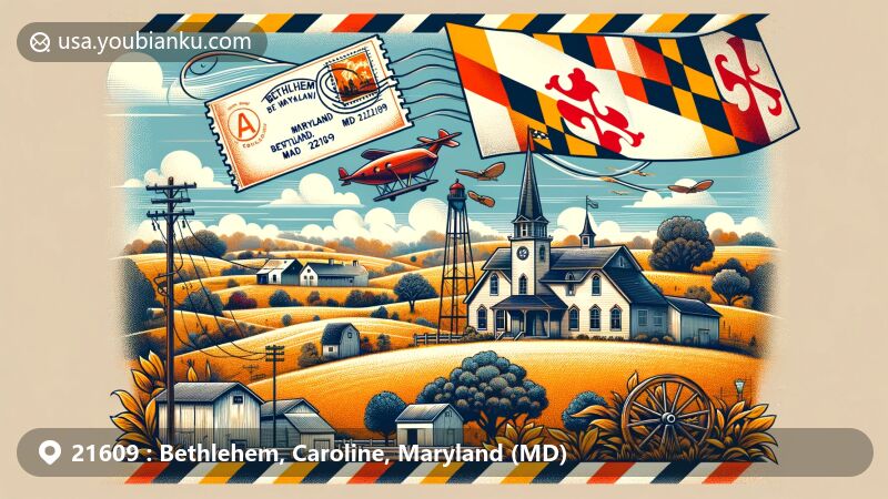 Modern illustration of Bethlehem, Maryland, and Caroline County featuring postal theme with vintage air mail elements, portraying rural charm and distinctive landmarks, including 'Bethlehem, MD 21609' postmark.