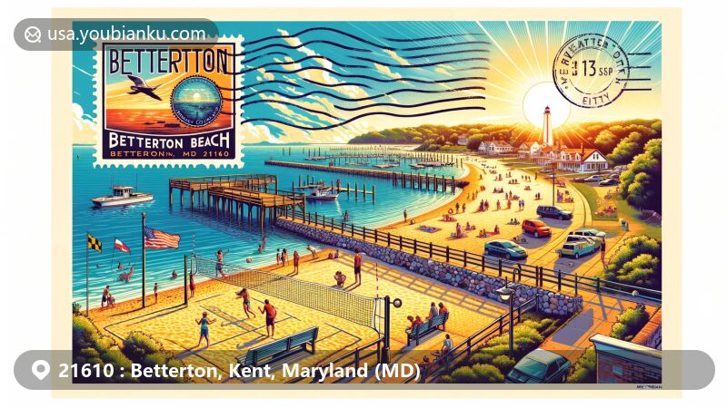 Modern illustration of Betterton, Kent County, Maryland, showcasing beach scenery with families, volleyball court, and fishing jetty, overlooking Chesapeake Bay and Sassafras River.