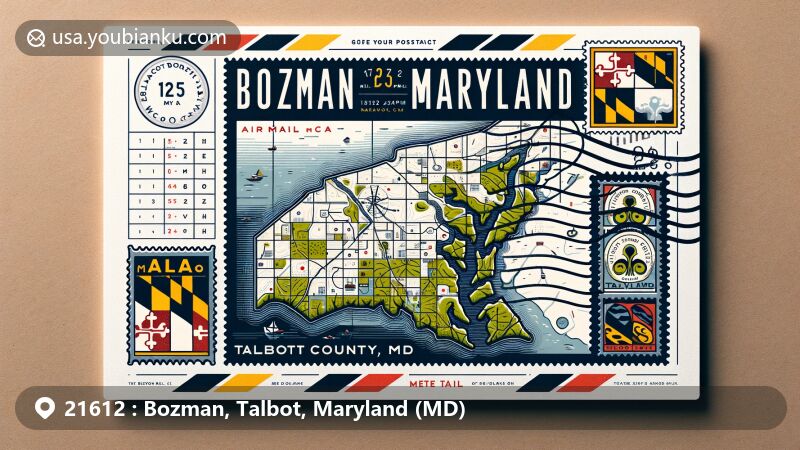 现代插图，Bozman, Maryland为主题，展示Talbot县的自然和文化元素，风格化地图、Maryland州旗、邮票“21612 Bozman, MD”、“Talbot County”邮戳。