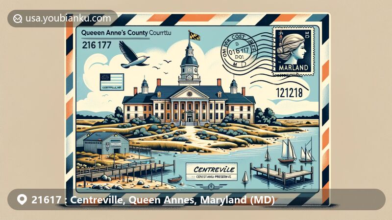 Modern illustration of Centreville, Queen Annes County, Maryland, showcasing postal theme with ZIP code 21617, featuring Queen Anne's County Courthouse, Conquest Preserve, Maryland state elements, and airmail envelope.