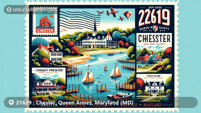 Modern illustration of Chester, Queen Anne's County, Maryland, highlighting postal theme with ZIP code 21619, featuring Kent Island, Conquest Preserve, and Cross Island Trail.