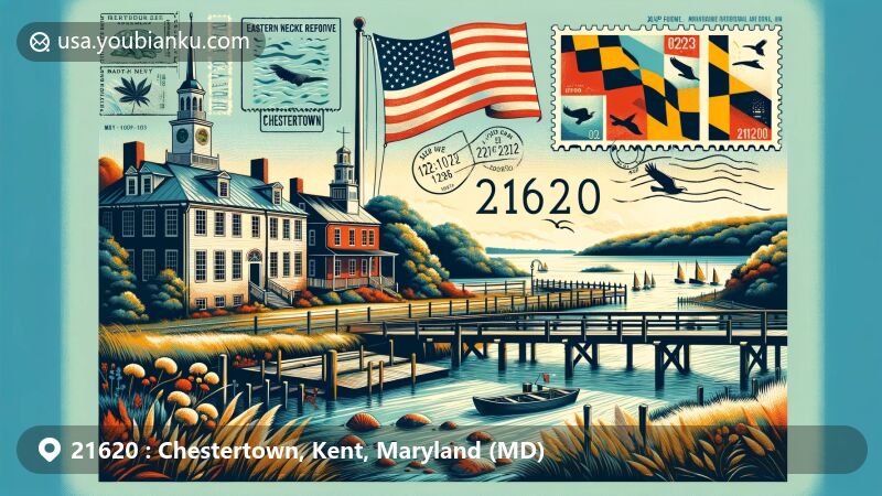 Modern illustration of Chestertown, Kent County, Maryland (MD), showcasing historic architecture, natural landscapes, Maryland state flag, and '21620' ZIP code.