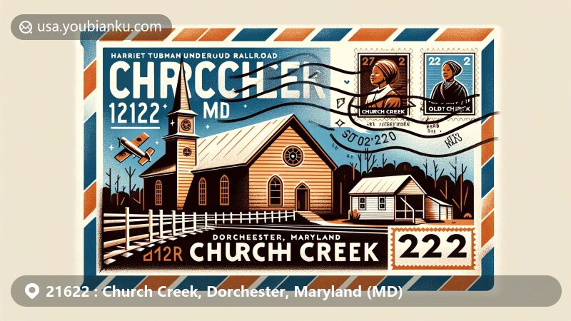 Modern illustration of Church Creek, Dorchester, Maryland (MD), showcasing postal theme with ZIP code 21622, featuring Harriet Tubman Underground Railroad National Historical Park and Old Trinity Church.