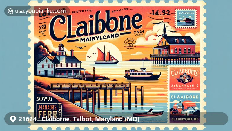 Modern illustration of Claiborne, Maryland, showcasing the historical charm of ZIP code 21624, featuring Chesapeake Bay, old ferry wharf, and Claiborne-Annapolis Ferry logo.