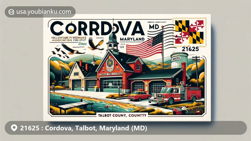 Modern illustration of Cordova, Talbot County, Maryland, showcasing postal theme with ZIP code 21625, featuring Cordova Volunteer Fireman's Association fire station, the village's rural setting, and Cordova Post Office, with Maryland state flag and Talbot County outline.