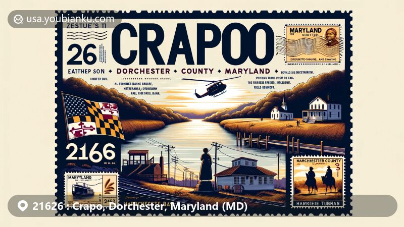 Contemporary illustration of Crapo area in Dorchester County, Maryland, showcasing modern postcard design with elements like postage stamp, air mail envelope, and postal marks, featuring the Honga River, Maryland state flag, Dorchester County silhouette, and Chesapeake Bay.