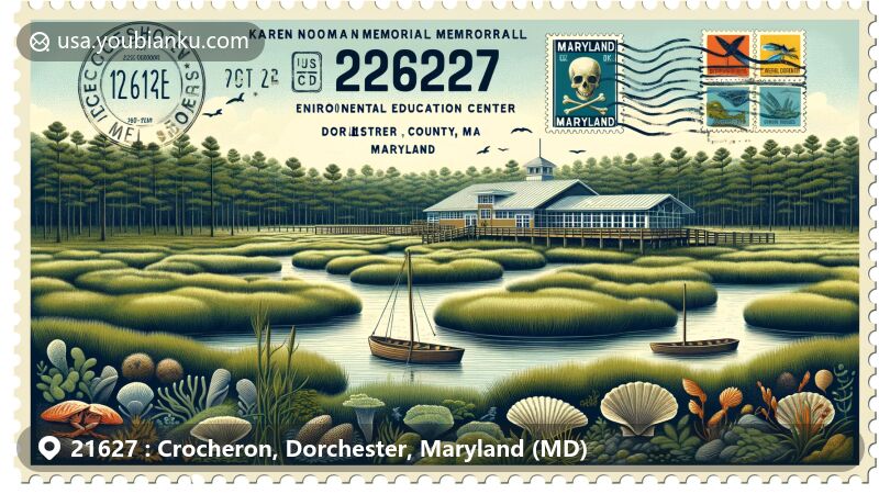 Modern illustration of Crocheron, Dorchester County, Maryland, showcasing environmental education center with pine forests, underwater grass beds, and oyster reefs, reflecting unique ecosystem, featuring vintage postcard layout with ZIP code 21627 and Maryland postal symbols.