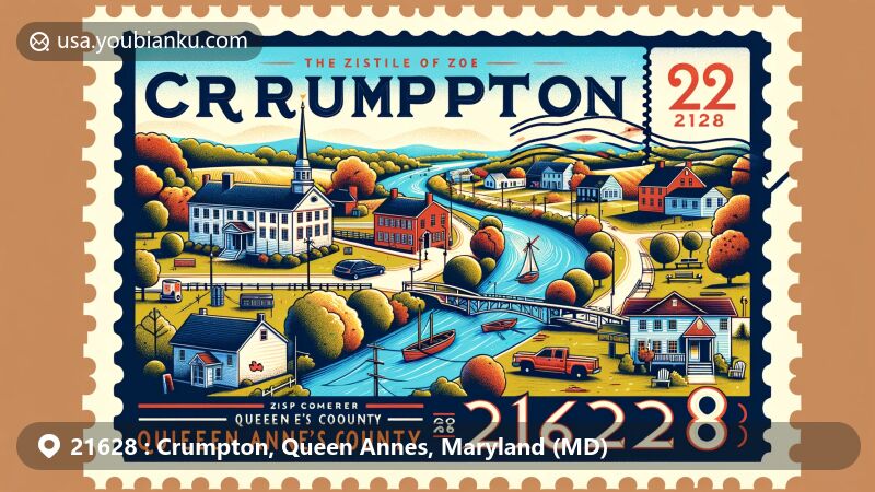 Modern illustration of Crumpton, Queen Anne's County, Maryland, featuring the Chester River and Kent Fort Manor, highlighting historical and cultural heritage, including Crumpton Park's recreational amenities, in a vibrant postal design with ZIP code 21628.