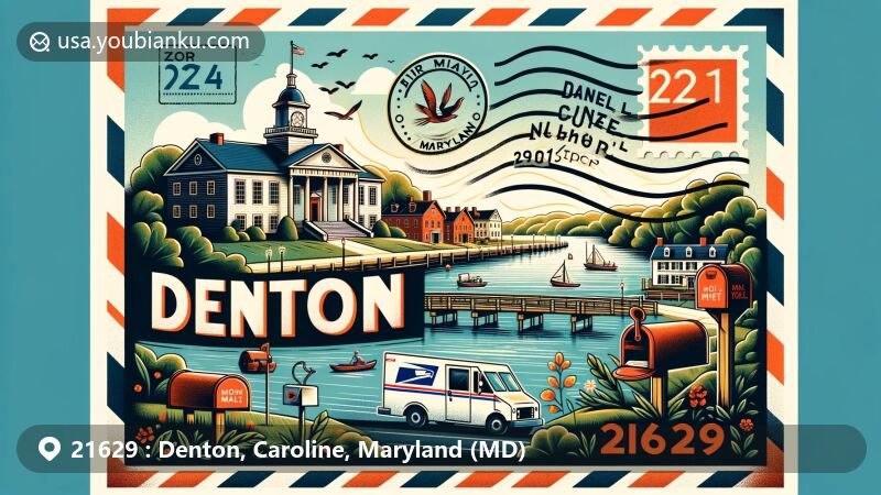 Modern illustration of ZIP code 21629 in Denton, Caroline County, Maryland, featuring air mail elements like a postage stamp, postmark, mailbox, and mail van, showcasing Choptank River or Daniel Crouse Memorial Park, Courthouse Green, and colonial revival style homes.