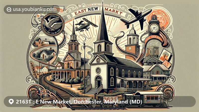 Modern illustration of East New Market, Dorchester County, Maryland, blending iconic churches like Trinity United Methodist, First Baptist, St. Stephan’s Episcopal, and Salem German Evangelical and Reformed Church with historical motifs of the town's Indian Trading Post and railway heritage, featuring postal elements like airmail envelope, stamps, postmark, and the ZIP code 21631.