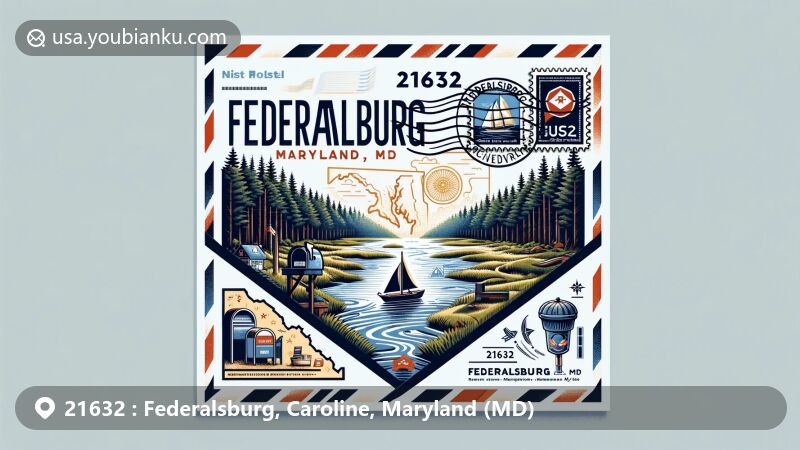 Modern illustration of Federalsburg, Maryland, portraying airmail theme with ZIP code 21632, showcasing Marshyhope Creek and the town's shipbuilding history.