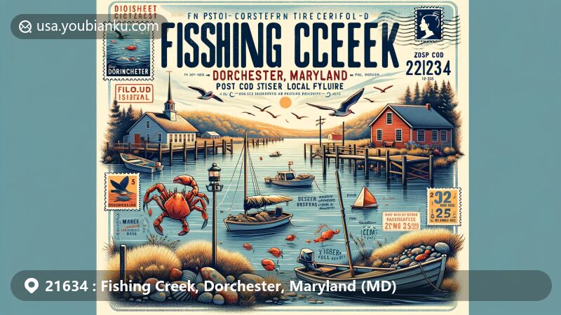 Modern illustration of Fishing Creek, Dorchester, Maryland, featuring Hoopers Island, Chesapeake Bay waters, and local wildlife, incorporating postcard format with ZIP code 21634.