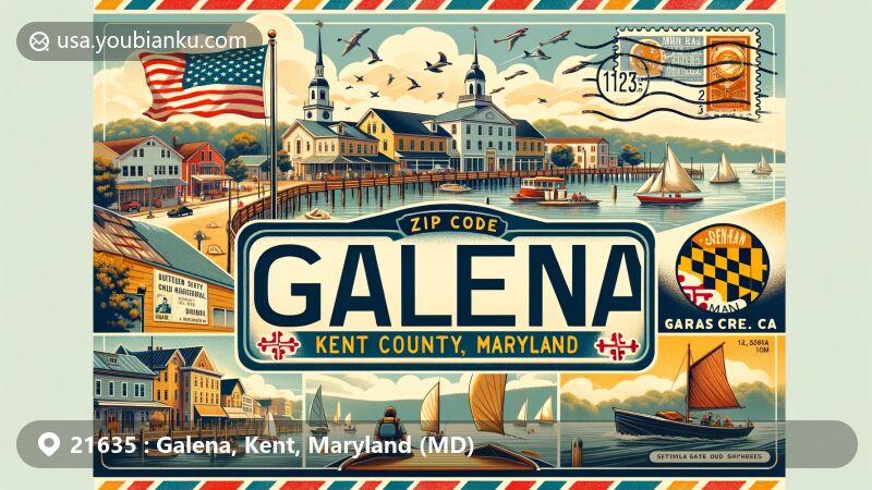 Modern illustration of Galena, Kent County, Maryland, inspired by postal elements and town's charm, showing picturesque view and references to silver mining theme. Vintage postcard elements highlight ZIP Code 21635.