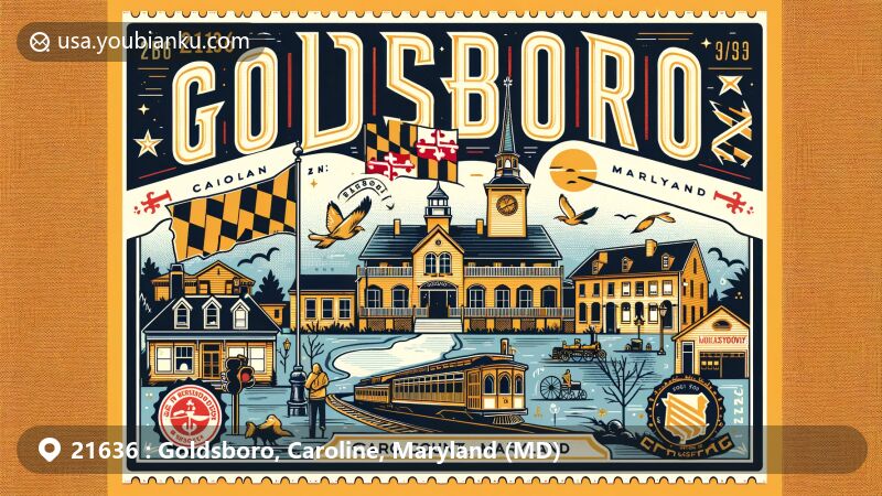 Modern illustration of Goldsboro, Caroline County, Maryland, capturing town's history with Maryland state flag, Castle Hall, and D&C Railroad, incorporating postal elements like vintage postcard format, stamp, and postmark.