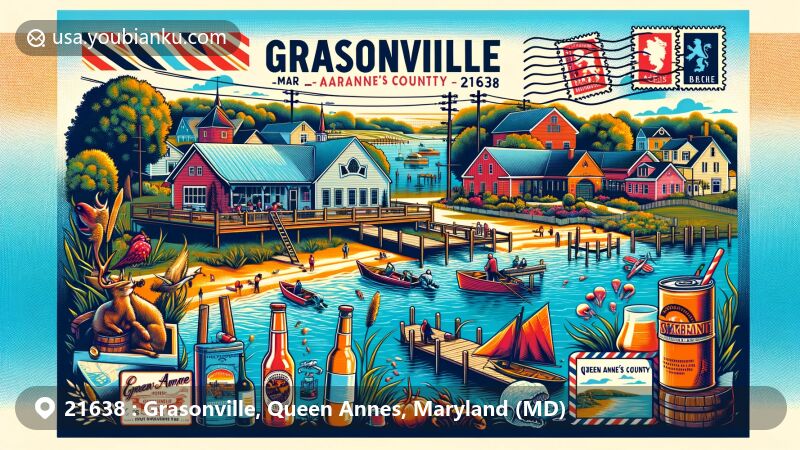 Modern illustration of Grasonville, Maryland, showcasing close ties to Chesapeake Bay and outdoor lifestyle, with fishing, boating, and hiking activities. Features maritime culture of Queen Anne's County against backdrop of nature, beaches, parks, and trails, including postal elements and local craft symbols.