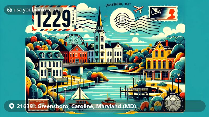 Modern illustration of Greensboro, Caroline County, Maryland, blending heritage and postal elements in a vibrant design with the Choptank River, 19th-century architecture, and modern postal features.