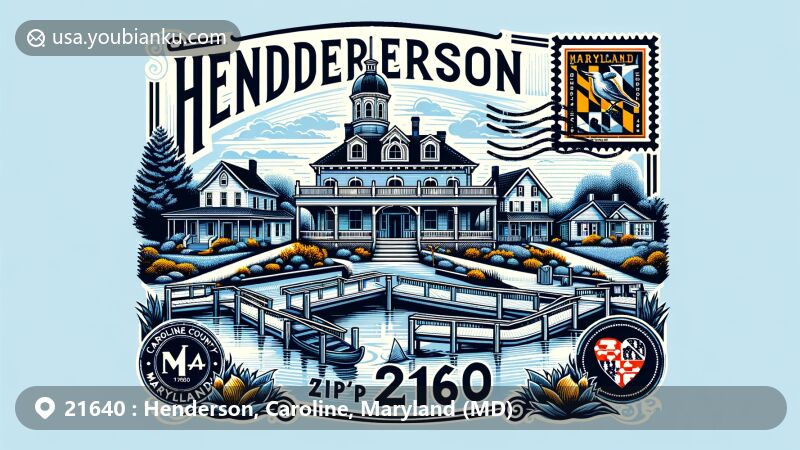 Modern illustration of Henderson, Caroline County, Maryland, capturing small-town charm and natural beauty, featuring Athol mansion, a National Historic Landmark, with vintage postcard elements and imagery of Maryland state flag.