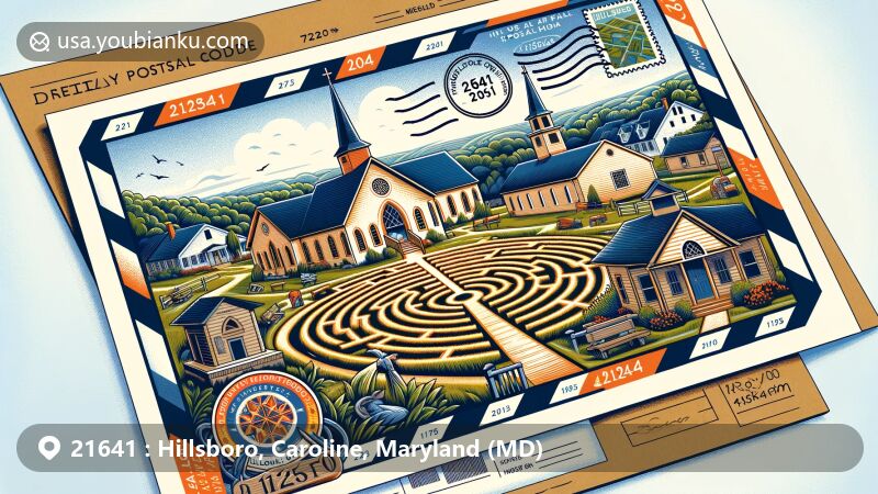 Contemporary illustration of Hillsboro, Caroline County, Maryland, highlighting postal theme with ZIP code 21641, showcasing St. Paul's Episcopal Church and the Retreat House.
