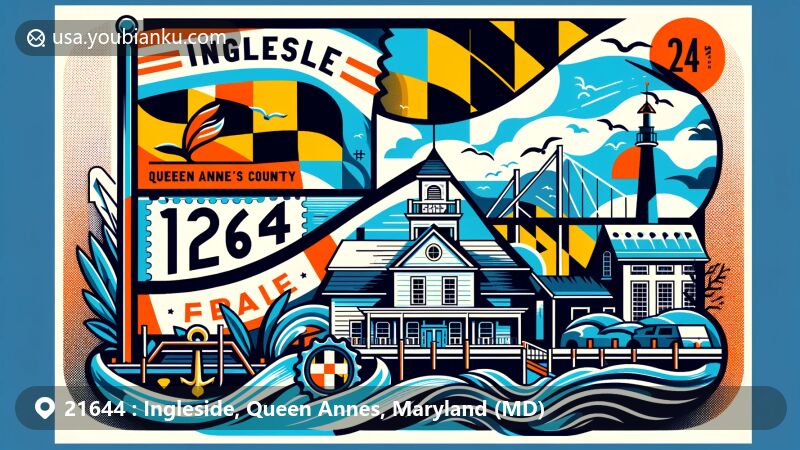 Modern illustration of Ingleside, Queen Anne's County, Maryland, showcasing postal theme with ZIP code 21644, featuring flag of Queen Anne's County and symbols of Chesapeake Bay.
