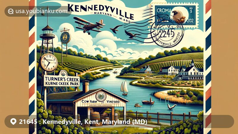 Modern illustration of Kennedyville, Maryland, highlighting Turner's Creek Park's natural beauty and wildlife, with Crow Farm and Vineyard's vineyards and charming farm atmosphere, featuring vintage air mail envelope with Kennedyville welcome sign and ZIP code 21645.