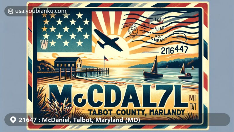 Modern illustration of the McDaniel area, Talbot County, Maryland, featuring Chesapeake Bay waters and shoreline, with vintage airmail envelope overlay displaying ZIP code 21647, Maryland flag, and Talbot County silhouette.