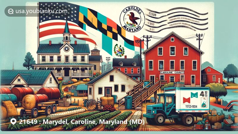 Modern illustration of Marydel, Caroline County, Maryland, portraying small-town charm and cultural diversity, with a focus on the Guatemalan immigrant community, featuring Maryland state flag and ZIP code 21649.