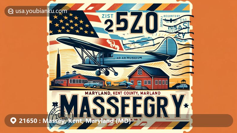 Modern illustration of Massey, Kent County, Maryland, focusing on aviation history with Massey Air Museum at the center, incorporating elements of Maryland's state flag and Kent County map, styled as a creative postcard with postal symbols and a vintage biplane.