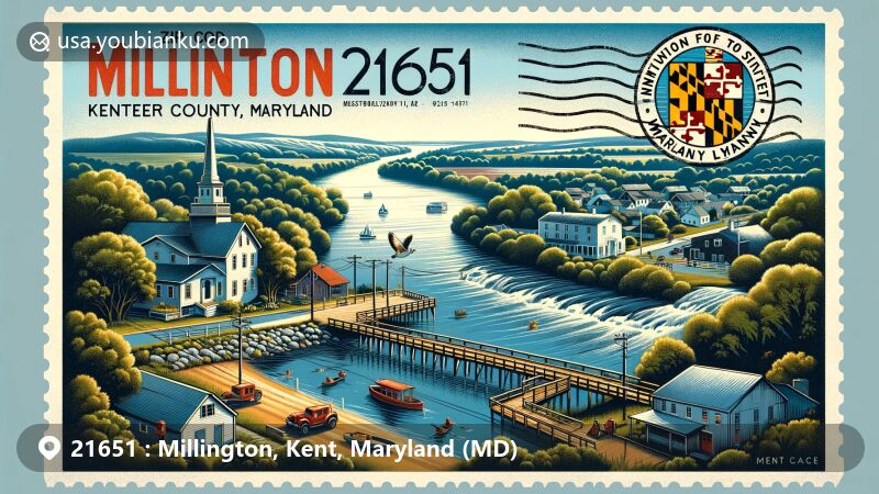 Modern illustration of Millington, Kent County, Maryland, showcasing the scenic Chester River running through the town, with a boardwalk representing outdoor activities. Includes Kent County Seal and a subtle nod to the John Embert Farm's historic significance.