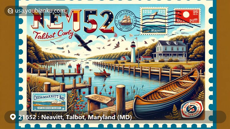 Modern illustration of Neavitt, Talbot County, Maryland, representing ZIP code 21652 with scenic view of Neavitt Park near Chesapeake Bay, featuring a Chesapeake Bay log canoe and postal elements like air mail envelope, stamps, and postmark.